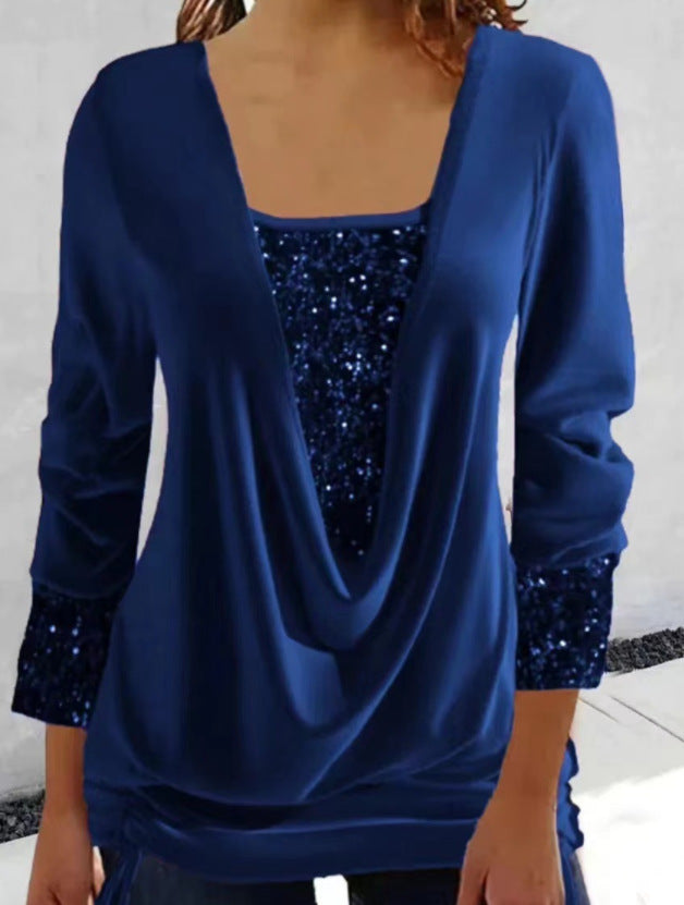 Pure Color Sequins Stitching U-neck Long-sleeved Elegant Casual T-shirt Top Blue