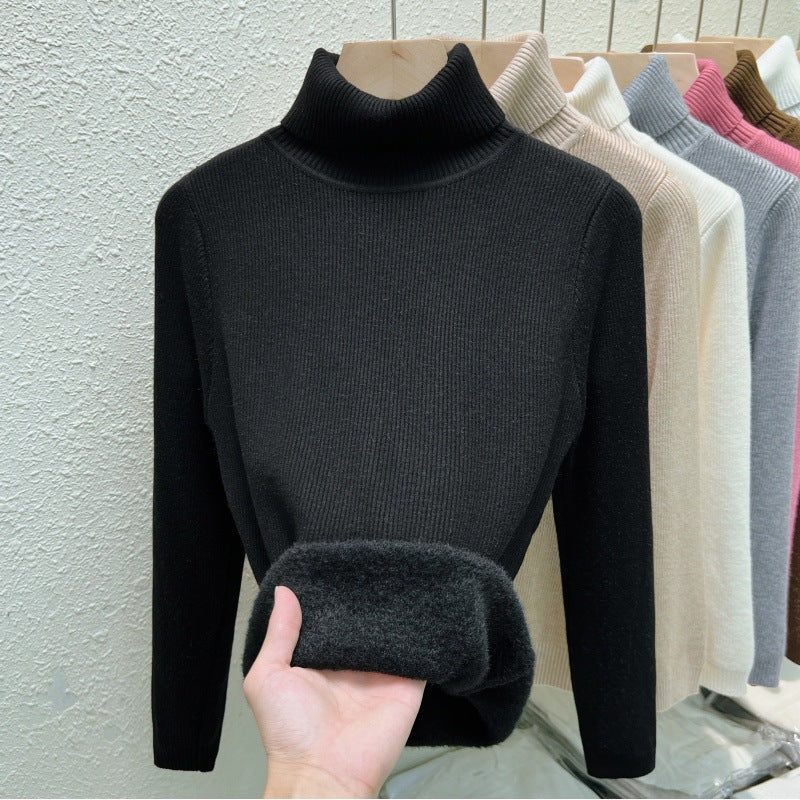 Fleece-lined Thickened Autumn And Winter Turtleneck Sweater Slim Fit Warm Black Free Size Viscose