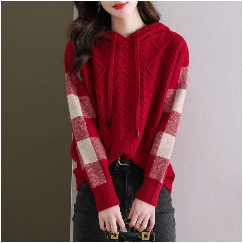 Women's Sweater Idle Style Casual Hooded Loose Sweater Long Sleeve Wine Red Free Size Viscose