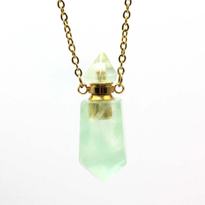 Natural Crystal Perfume Bottle Spiked Hexagon Necklace Green fluorite