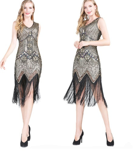 Vintage Sequined Fringe Dress Party Dance Dress Apricot Gold