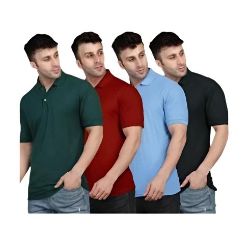 Cotton Solid Mens Polo Neck T-Shirt (Pack of 4) Cotton