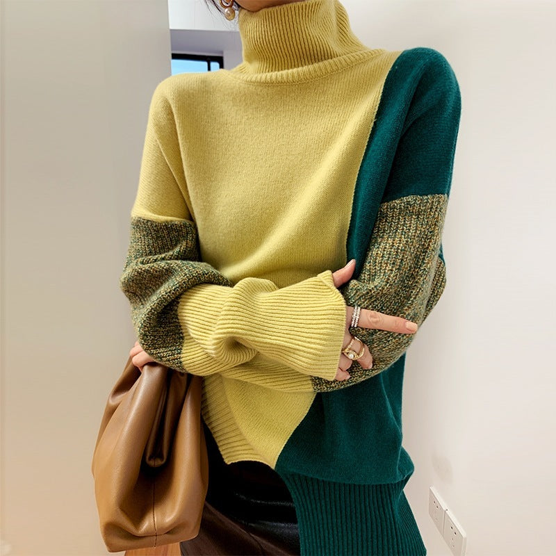 Women's Loose High Neck Contrasting Sweater Yellow Green Free Size