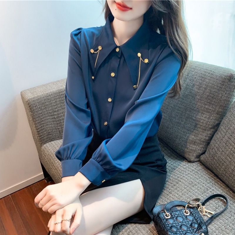 Western Style Chiffon Shirt Fashion Chain Patchwork Top Peacock Blue