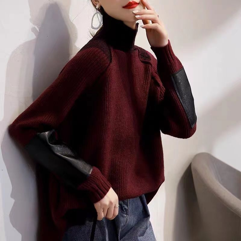 Women's Autumn And Winter Casual Loose High Neck Sweater Wine Red Polyester