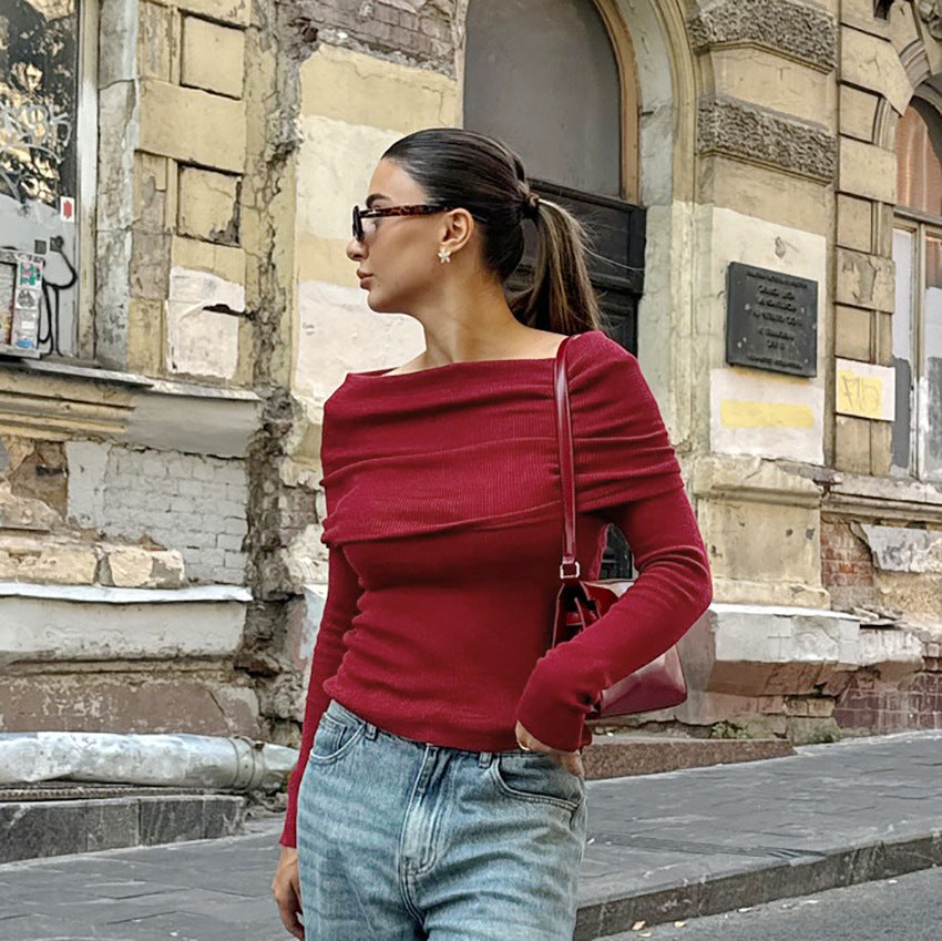 Burgundy Knitted Long-sleeved Top