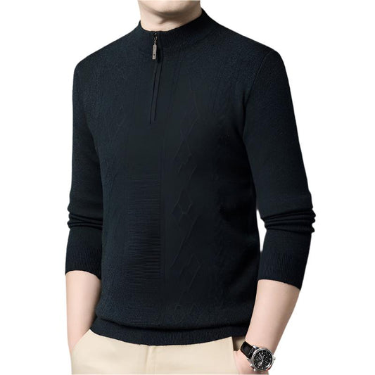 Thick Sweater Men's Half Turtleneck Zipper Black Wool