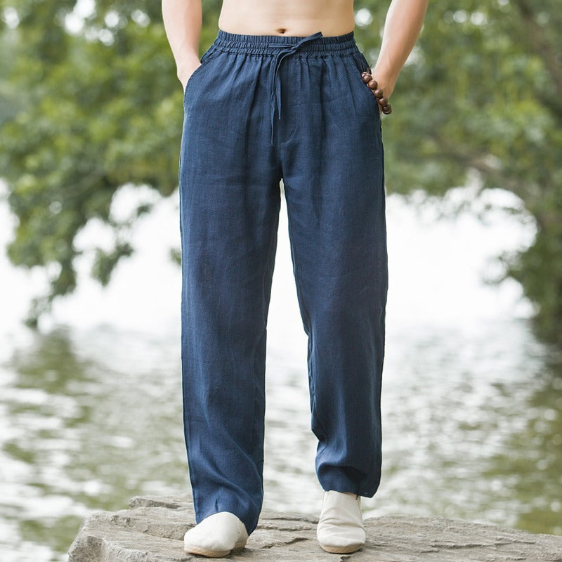 Linen Pants Men's Thin Breathable Casual Pants Navy Blue