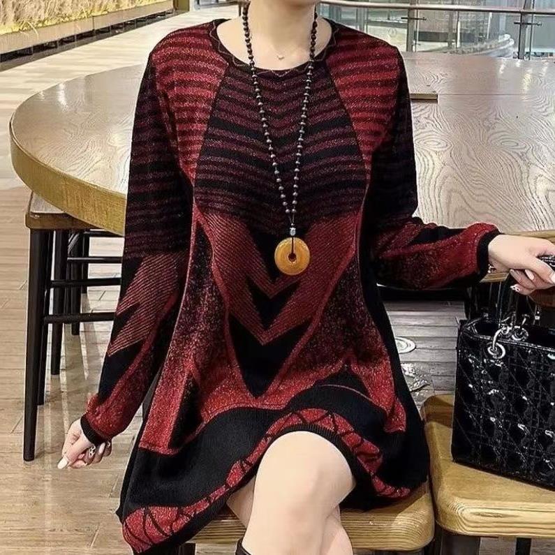 New Mid-length Round Neck Autumn And Winter Geometric Sweater Red Polyester