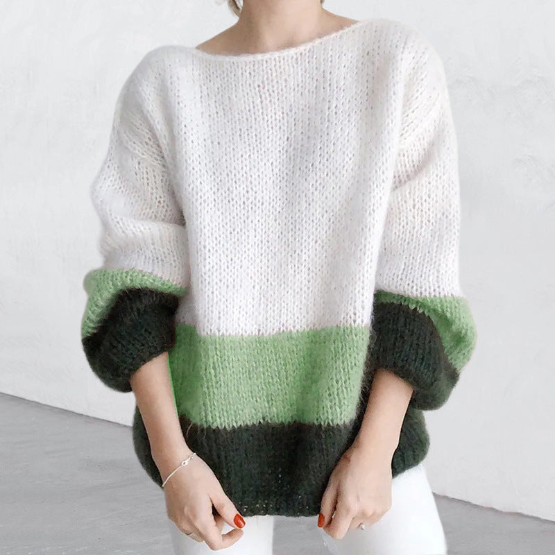 New Autumn And Winter Temperament Commute Color Matching Knitted Sea Furry Sweater Green