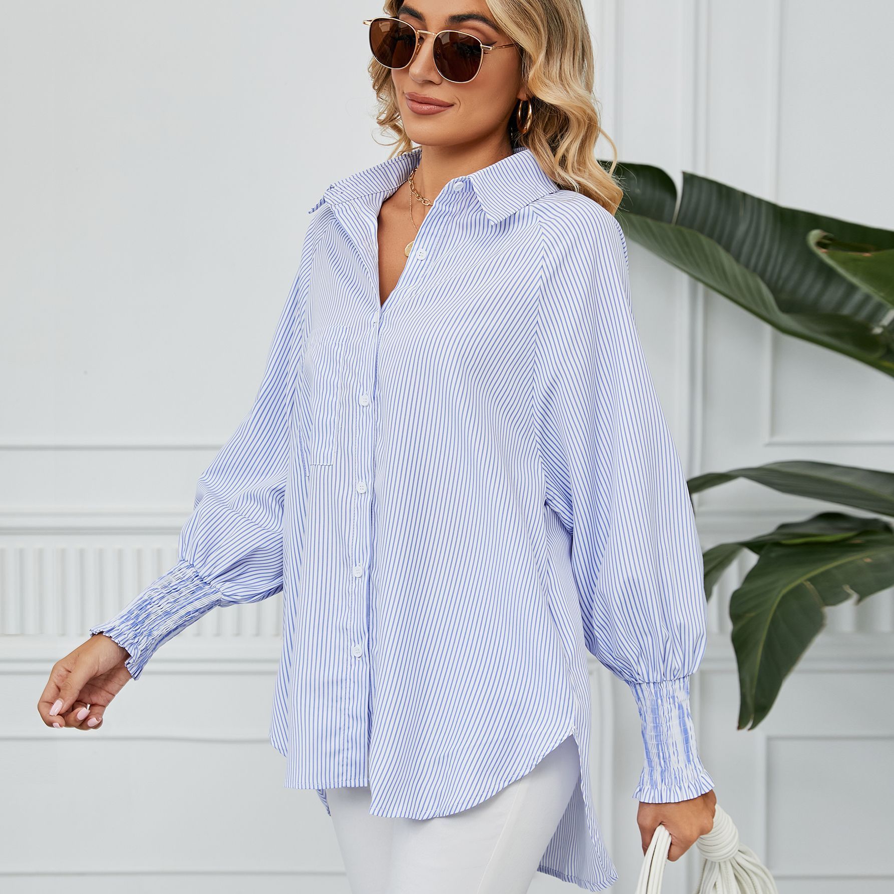 Cuff Pleating Loose Striped Top Women's Shirt