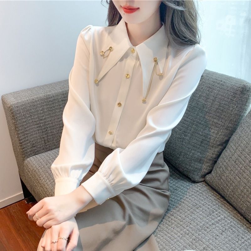 Western Style Chiffon Shirt Fashion Chain Patchwork Top White