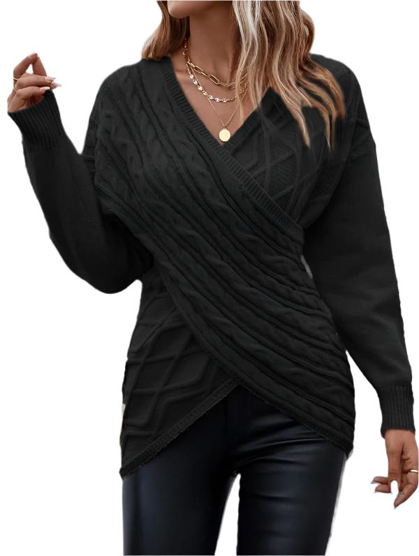 Women's Fashion Casual Solid Color And V-neck Cross Brocade Sweater Black Acrylic