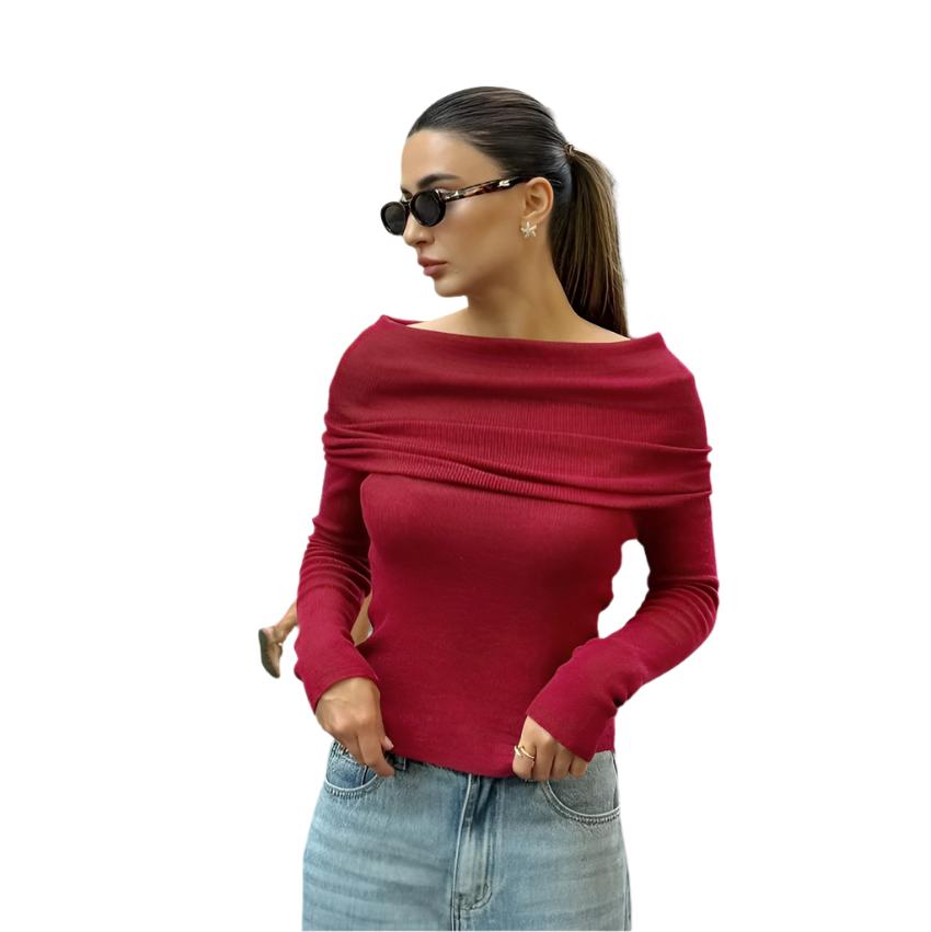 Burgundy Knitted Long-sleeved Top Wine Red