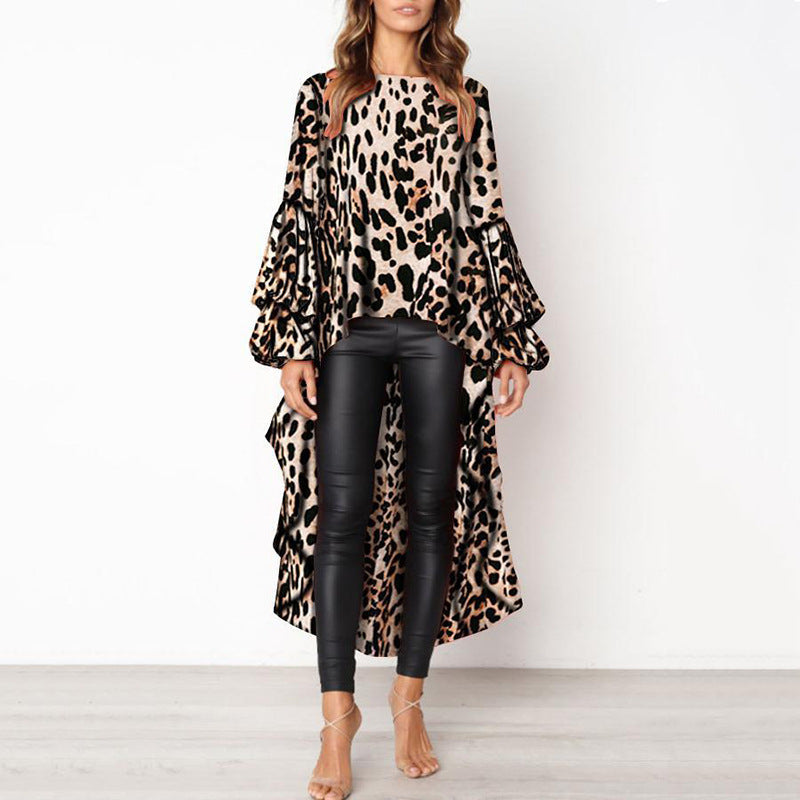 Long Sleeve Irregular Female Leopard-print Shirt Khaki