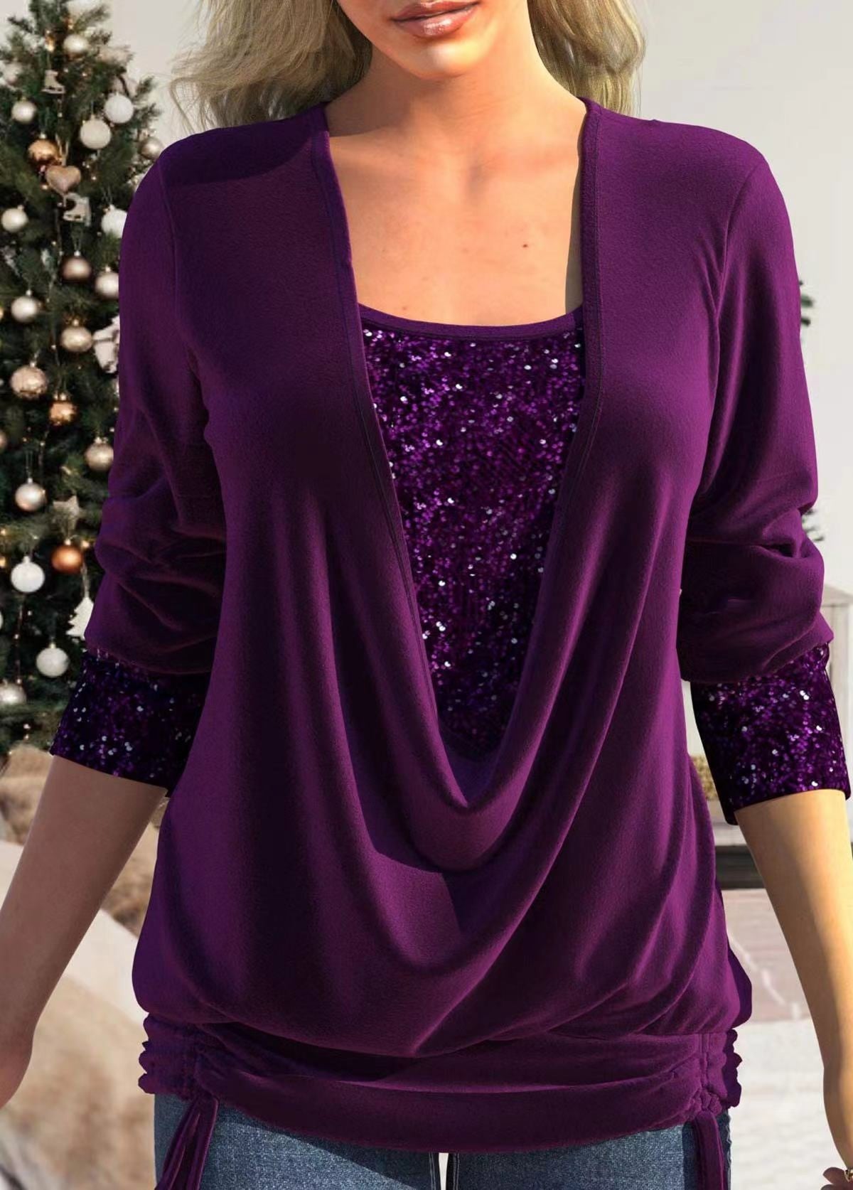 Pure Color Sequins Stitching U-neck Long-sleeved Elegant Casual T-shirt Top Purple