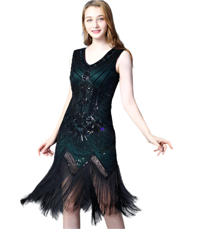 Vintage Sequined Fringe Dress Party Dance Dress Black dark green