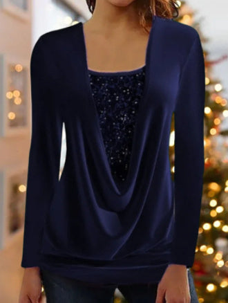 Pure Color Sequins Stitching U-neck Long-sleeved Elegant Casual T-shirt Top