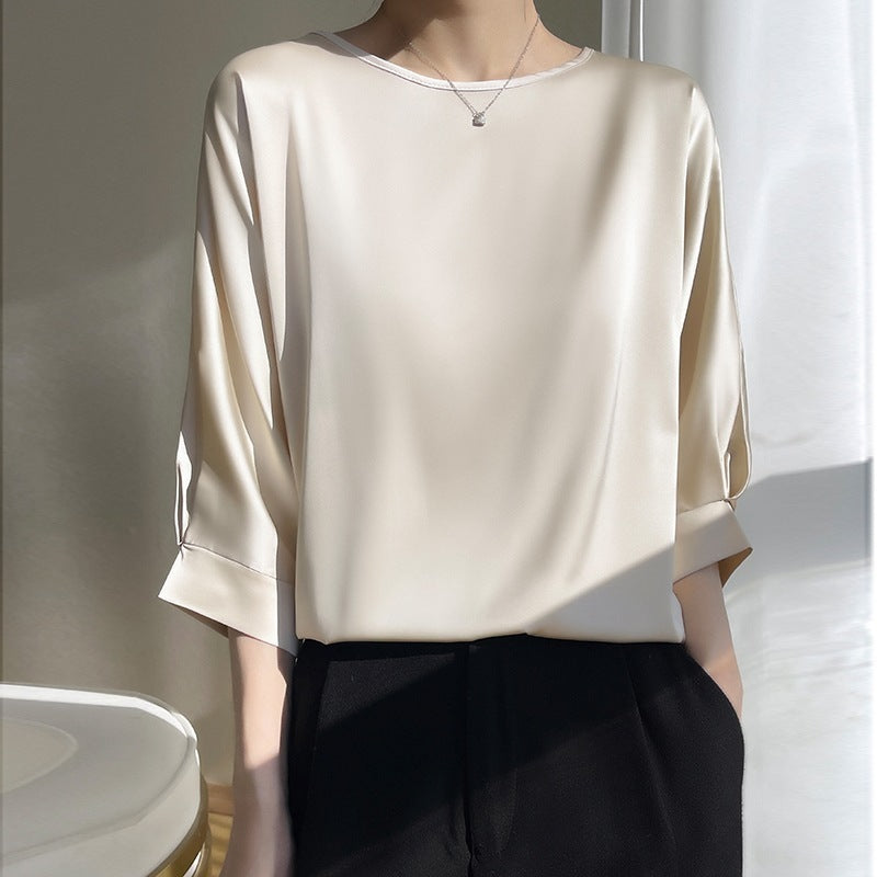 Women's Round Neck Mulberry Silk Loose Satin Cropped Ice Silk Short Sleeve T-shirt Top Champagne