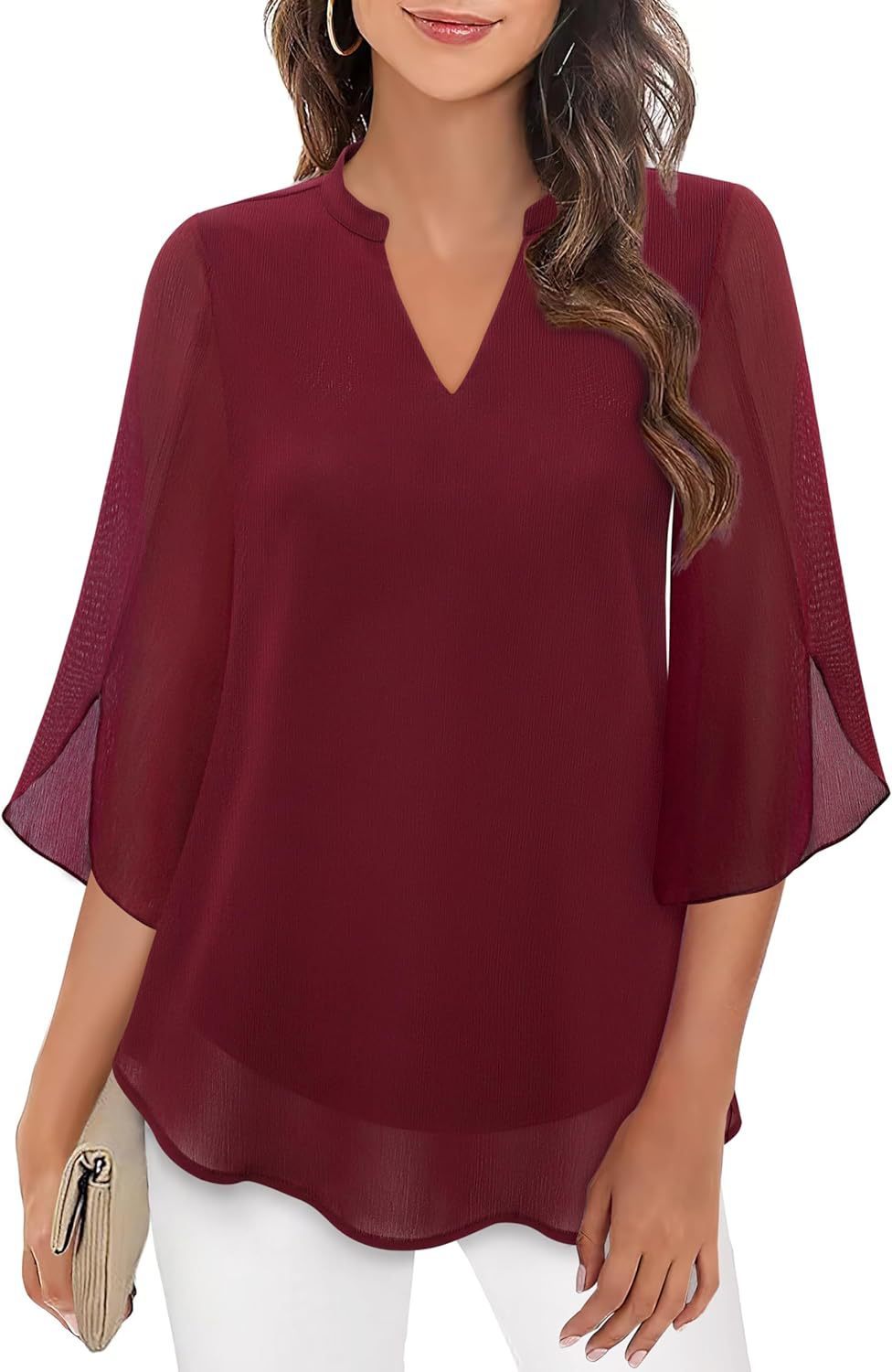 Women's Petal Sleeve Top Loose V-neck Chiffon Shirt Brick Red