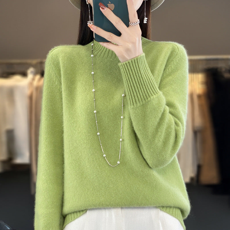 Women's Half Turtleneck Keep Warm Pure Color Cashmere Fruit Green Wool