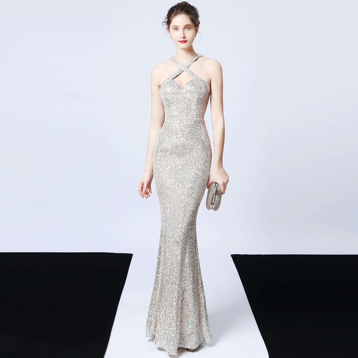 Sequined Party Dress Long Banquet Slim Fishtail Apricot ginkgo