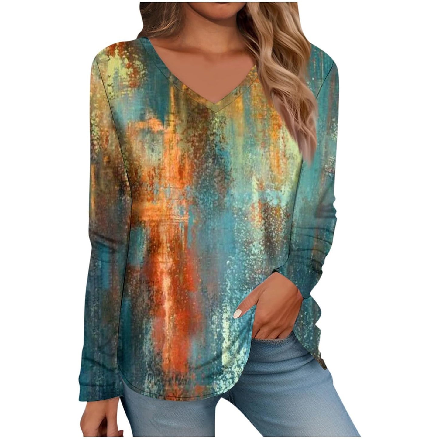 Long Sleeve 3D Digital Printing Geometric Pattern Casual V-neck Loose Holiday T-shirt For Women Image green