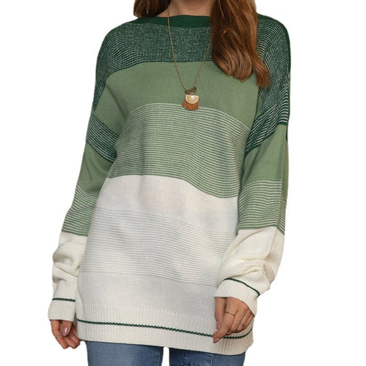 Women's Gradient Striped Color Matching Sweater Loose Green Sweater Light Green Acrylic