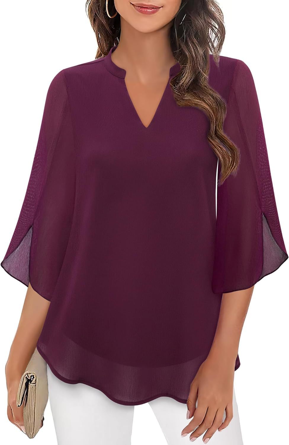 Women's Petal Sleeve Top Loose V-neck Chiffon Shirt Wine Red