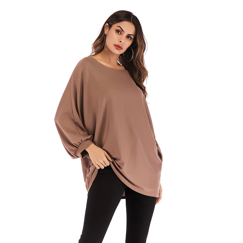 Autumn Fashion European And American Style Women's Large Size Long-sleeved T-shirt Solid Color Round Neck Top For Women