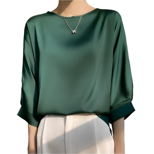 Women's Round Neck Mulberry Silk Loose Satin Cropped Ice Silk Short Sleeve T-shirt Top