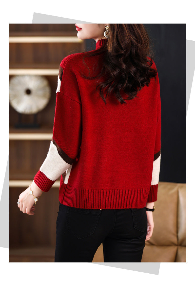 Women's Half Turtleneck Loose-fitting Versatile Sweater Color Matching Knitted Bottoming Shirt