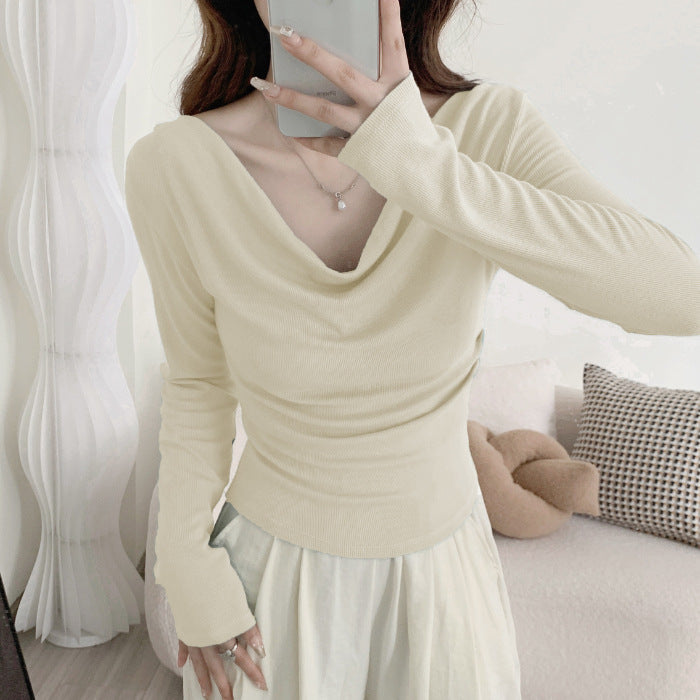 One-shoulder Cold-shoulder Long-sleeved T-shirt Women's Early Autumn Off-shoulder Top Apricot Polyster