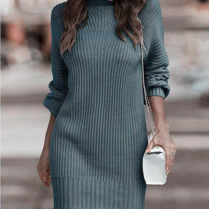 Turtleneck Sweater Women's Long Sleeve Knitwear Dress Women's Clothing Sea Blue Acrylic Fiber