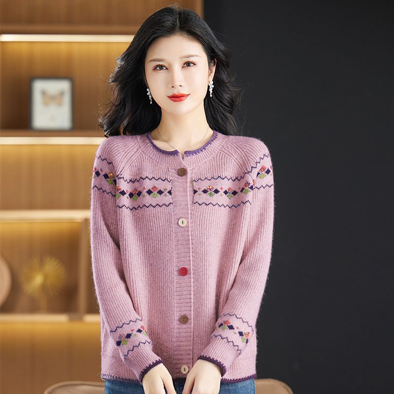 Knitted Cardigan Round Neck Short Loose Sweater Pink