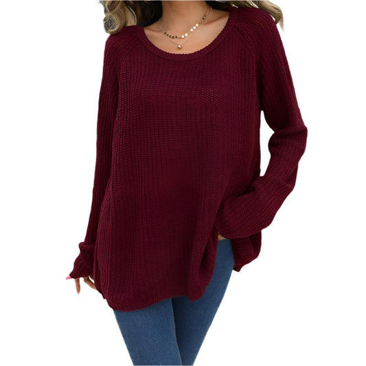 Solid Color Simple Women's SweaterCasual Versatile Long Sleeves Wine Red