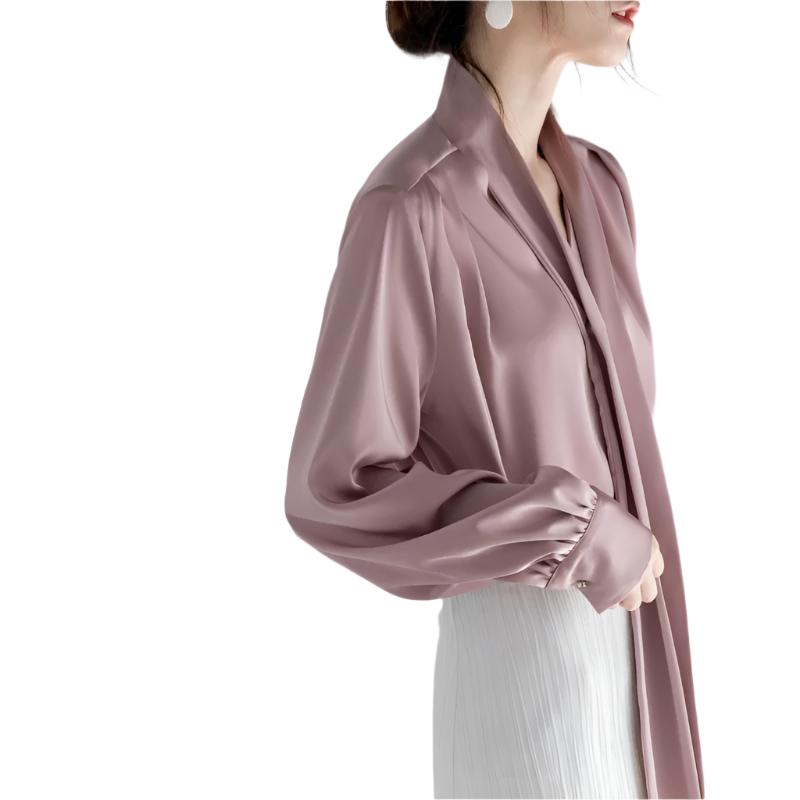 Satin Tie-neck Long Sleeve Shirt Simple All-match Tops Light Purple