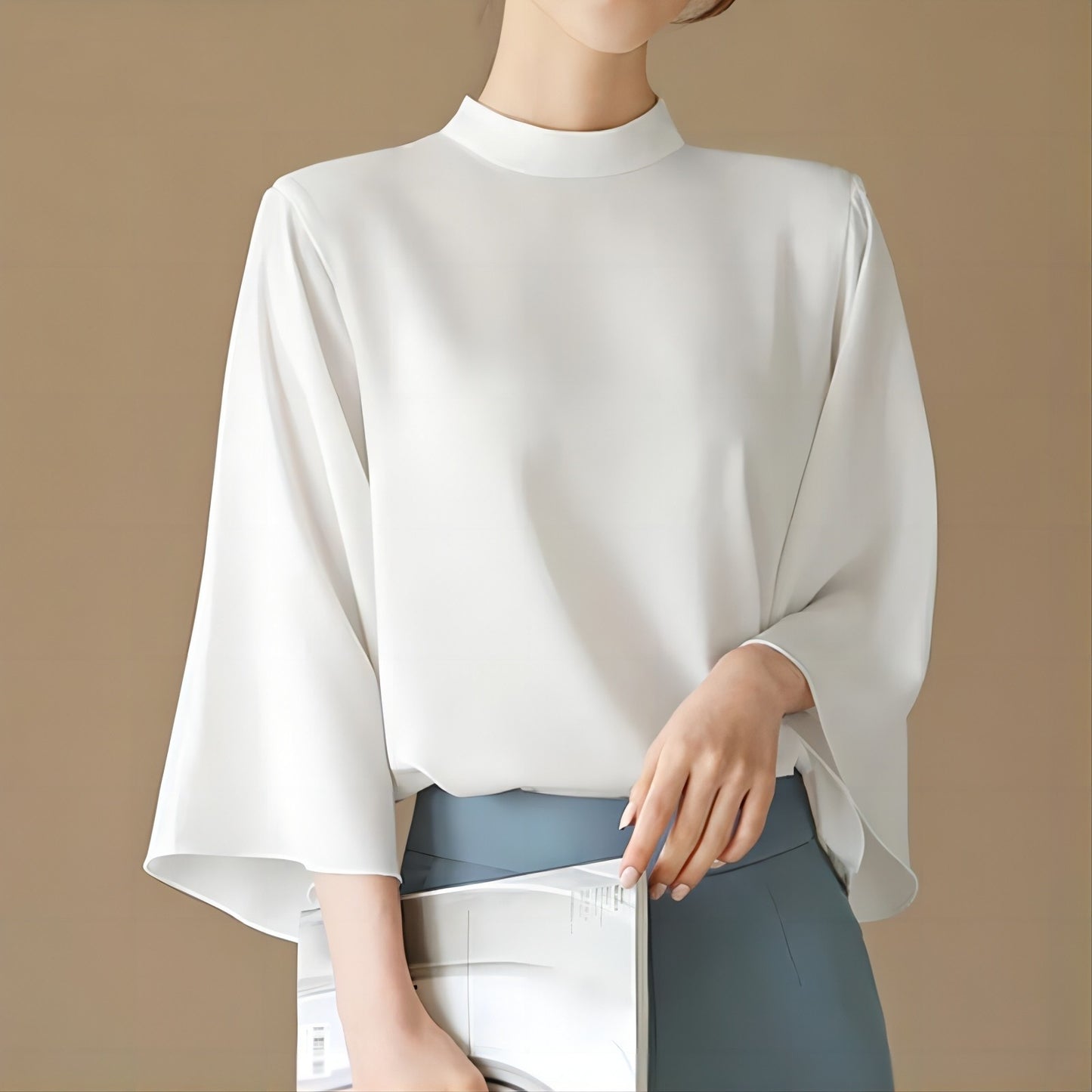 Spring And Summer Stand-up Collar Puff Sleeve Casual Shirt White