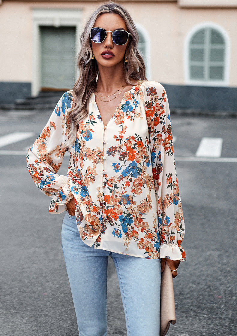 Women's Tops Casual Floral Print V Neck Long Sleeve Shirts Loose Chiffon Blouses Shirts Tops Apricot