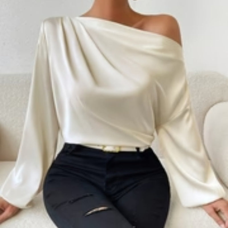 Women's Shoulder Long-sleeved T-shirt Asymmetric Pullover Top White