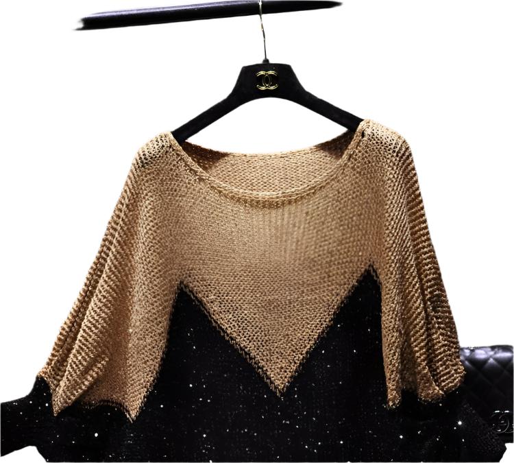 Sequined Pullover Loose Cape Batwing Shirt Hollow Round Neck Sweater