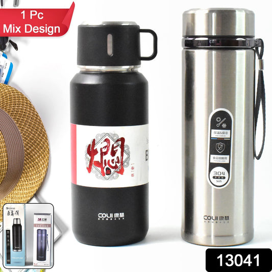 13041 Stainless Steel Vacuum Insulated Water Bottle Cup Leak Proof Flask For Tea Coffee Reusable Water Bottle With Hanging Strap Bottle For Hot Cold Drinks Wide Mouth Water Flask (900 Ml Mix Color)