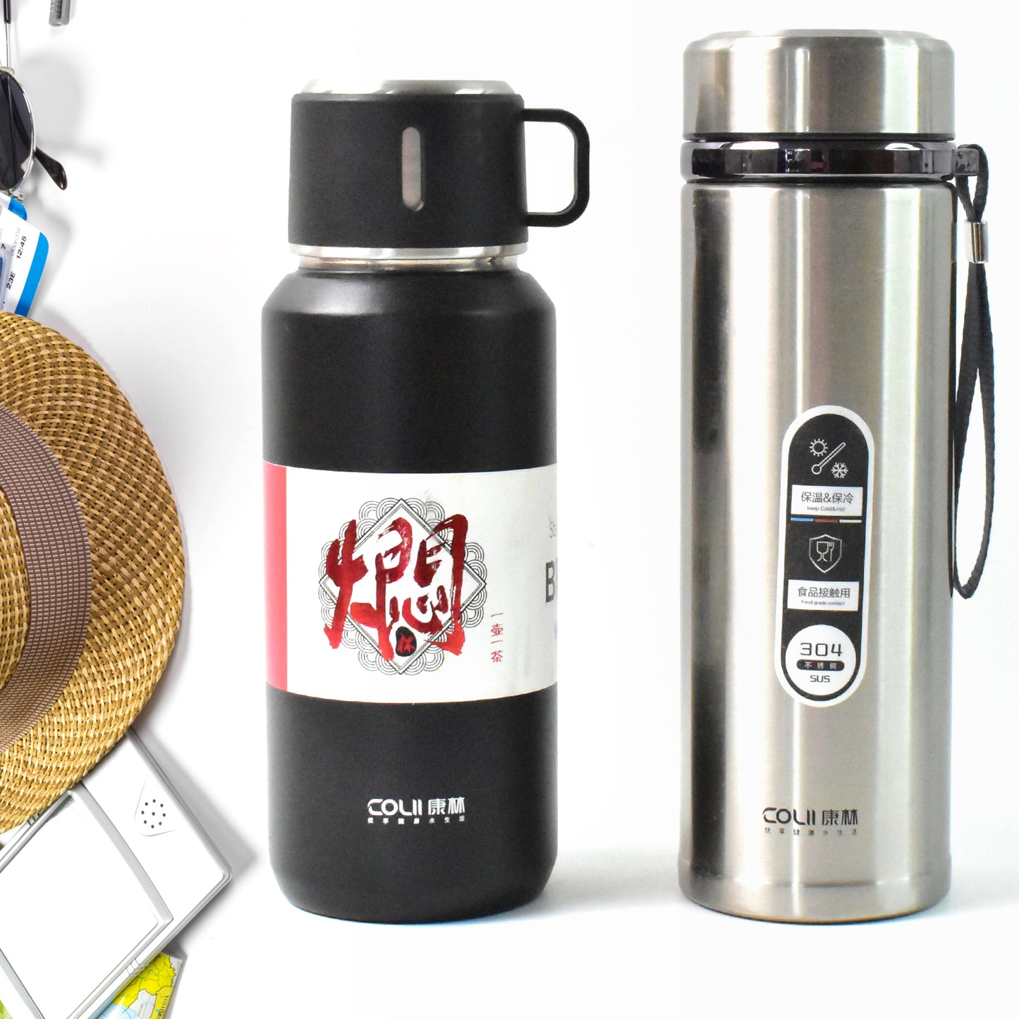 13041 Stainless Steel Vacuum Insulated Water Bottle Cup Leak Proof Flask For Tea Coffee Reusable Water Bottle With Hanging Strap Bottle For Hot Cold Drinks Wide Mouth Water Flask (900 Ml Mix Color)