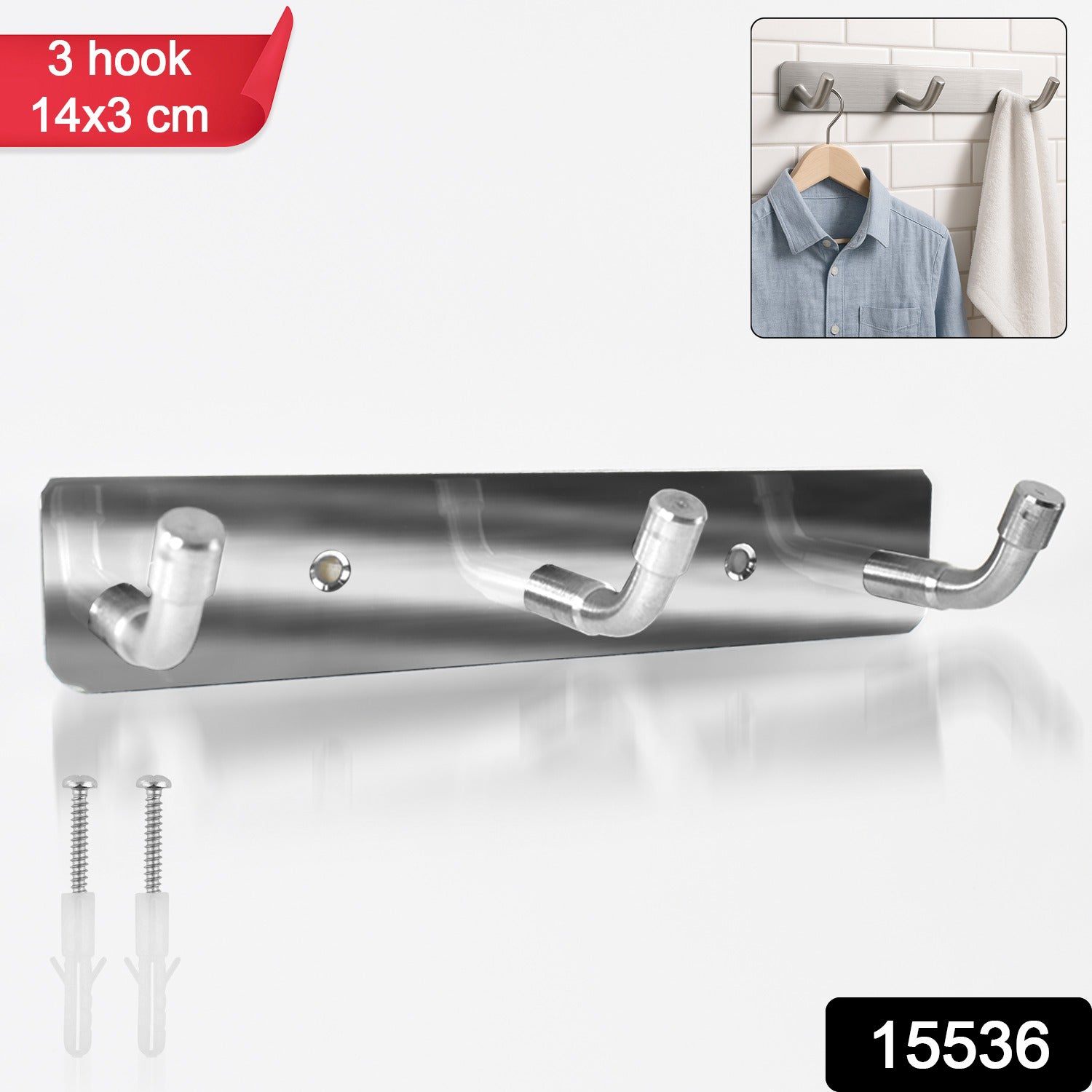 Stainless Steel Wall Mounted Coat 3 Hook Rack (14x3 1 Pc)