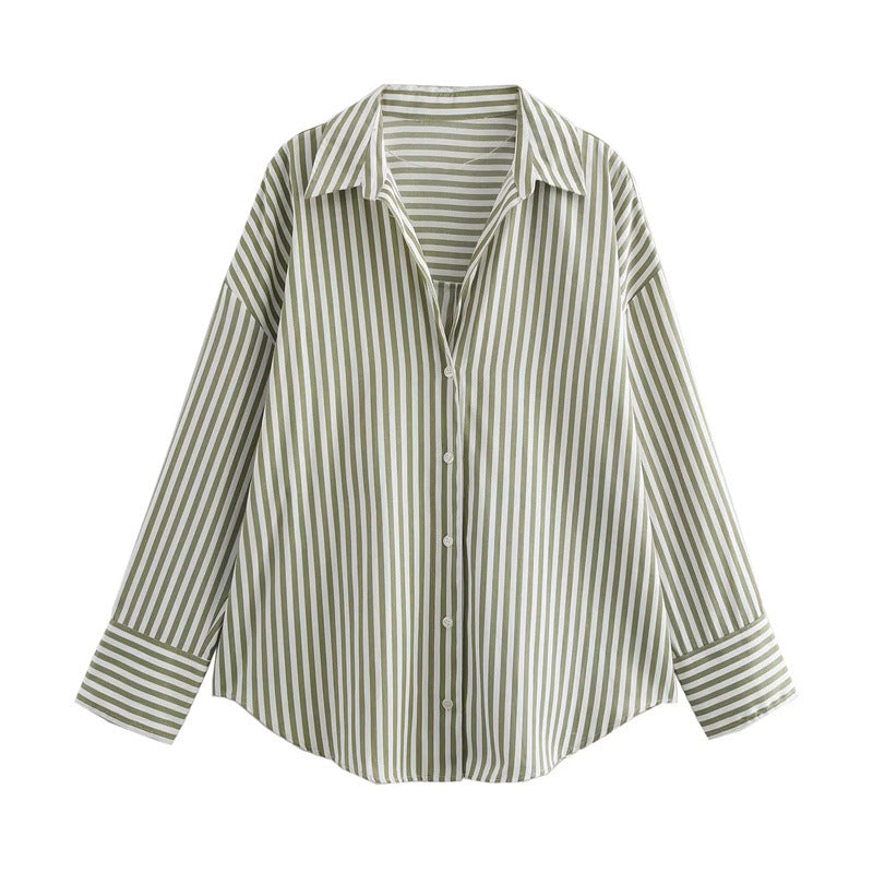 Autumn Women Clothing Printed Silk Satin Texture Drape Shirt Green Stripes