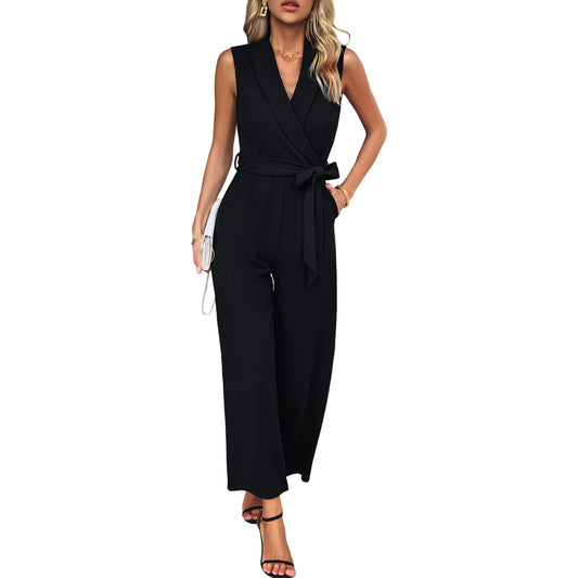 Sleeveless jumpsuit Autumn and Winter Women's Casual Commuter Trousers Black Polyster