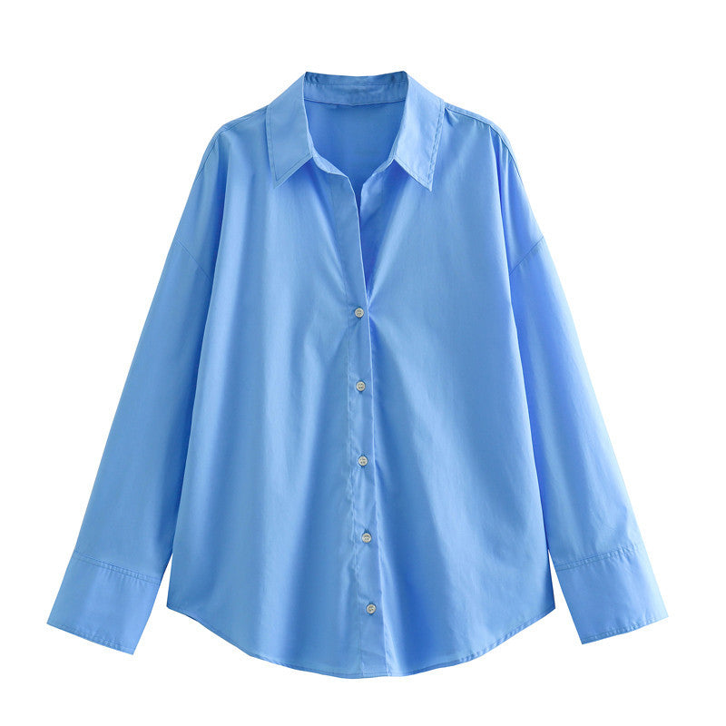 Autumn Women Clothing Printed Silk Satin Texture Drape Shirt Blue