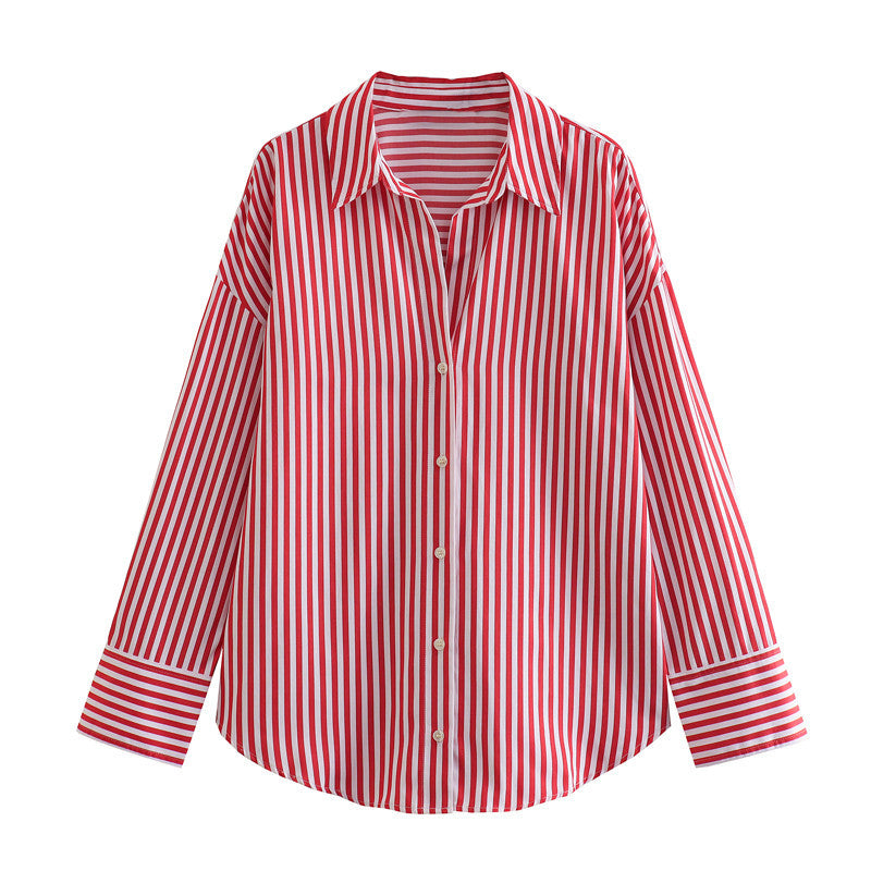 Autumn Women Clothing Printed Silk Satin Texture Drape Shirt Red Stripes