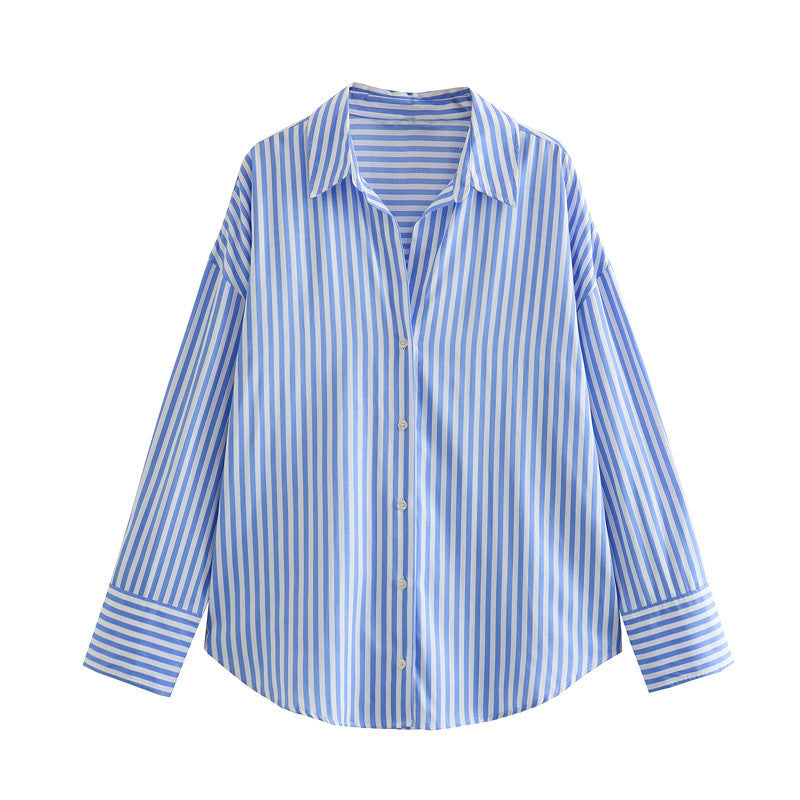 Autumn Women Clothing Printed Silk Satin Texture Drape Shirt Blue Stripes