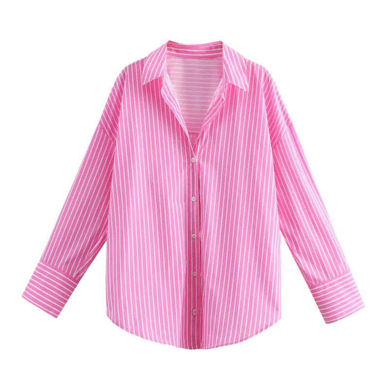 Autumn Women Clothing Printed Silk Satin Texture Drape Shirt Pink Striped